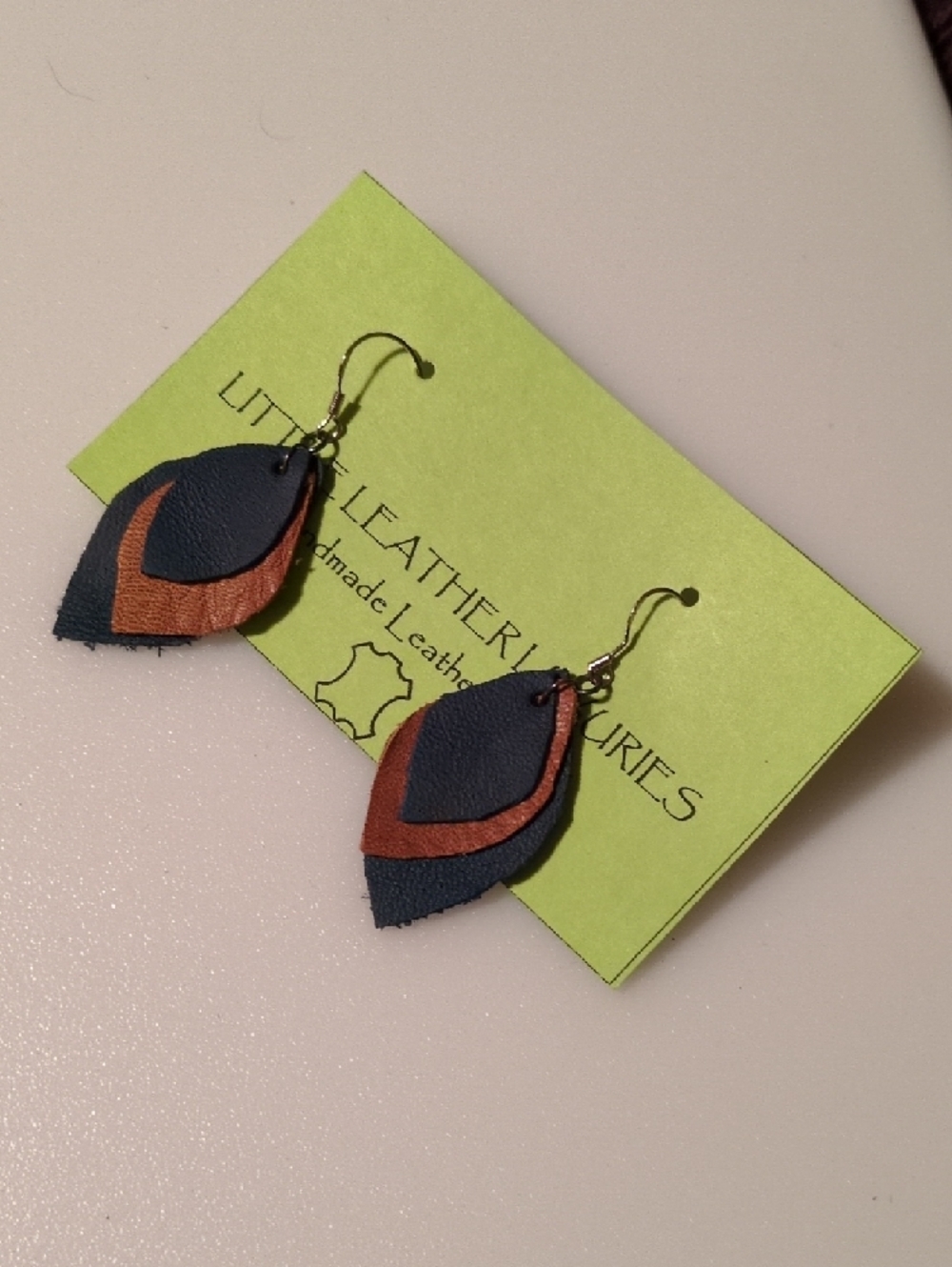 Handmade Blue and Tan Genuine Leather Layered Leaf Drop Earrings 925 Hook - Picture 7 of 8